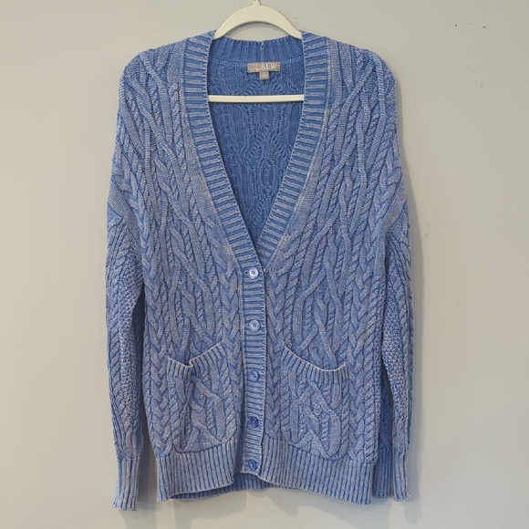 J Crew Cable-knit V-neck Cardigan Sweater Blue 💙 size Small 100% Cotton - Picture 2 of 9
